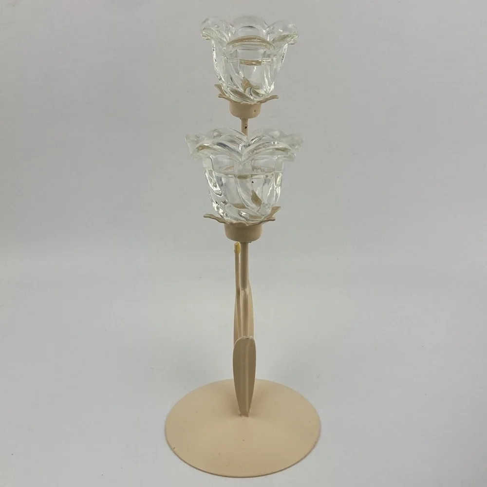VTG Metal & Glass Floral Candle Holder 12”